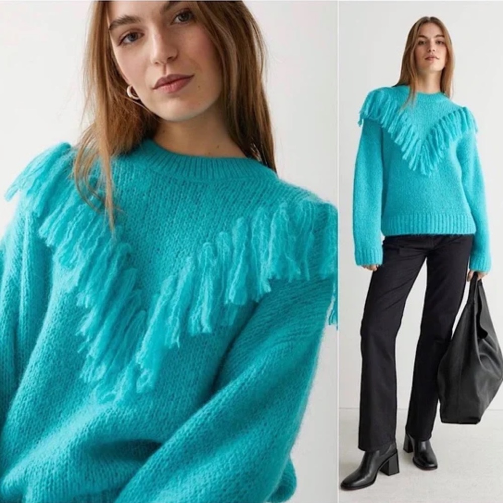 & Other Stories Brt Turquoise Fringe Sweater